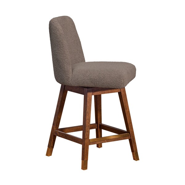 Amalie Swivel Counter Stool In Brown Oak Wood Finish With Taupe Boucle Fabric